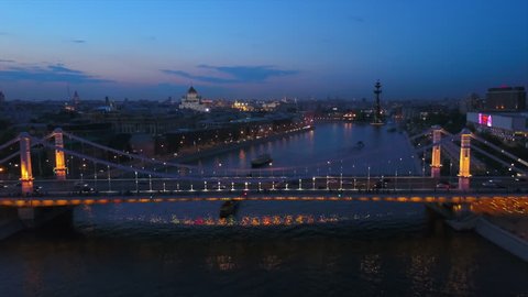 night light moscow river bay krymsky bridge gorky park aerial panorama 4k russia