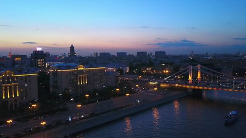 night sunset moscow river bay krymsky bridge park kultury aerial panorama 4k russia