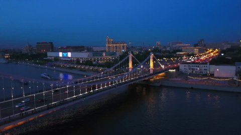 night light moscow river krymsky bridge gorky park aerial panorama 4k russia