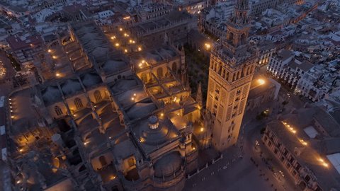 Aerial View of Seville City at Night Illuminated By Street Lights Stockvideó