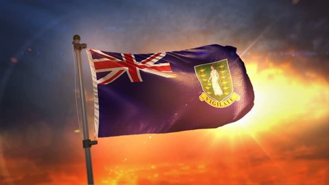 British Virgin Islands Flag Backlit At Beautiful Sunrise Loop Slow Motion 3D Rendering 4K