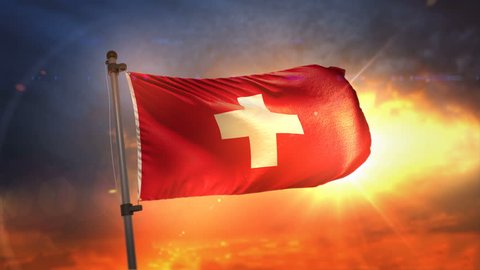Switzerland Flag Backlit At Beautiful Sunrise Loop Slow Motion 3D Rendering 4K