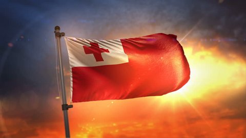 Tonga Flag Backlit At Beautiful Sunrise Loop Slow Motion 3D Rendering 4K