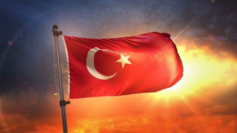 Turkey Flag Backlit At Beautiful Sunrise Loop Slow Motion 3D Rendering 4K