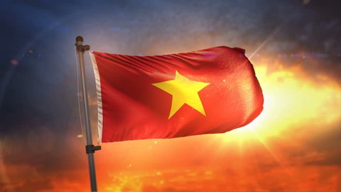 Vietnam Flag Backlit At Beautiful Sunrise Loop Slow Motion 3D Rendering 4K