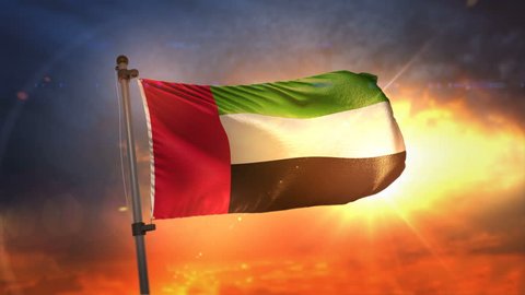 United Arab Emirates Flag Backlit At Beautiful Sunrise Loop Slow Motion 3D Rendering 4K
