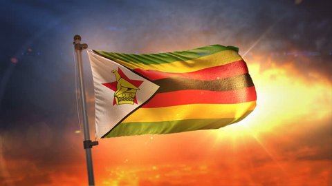 Zimbabwe Flag Backlit At Beautiful Sunrise Loop Slow Motion 3D Rendering 4K
