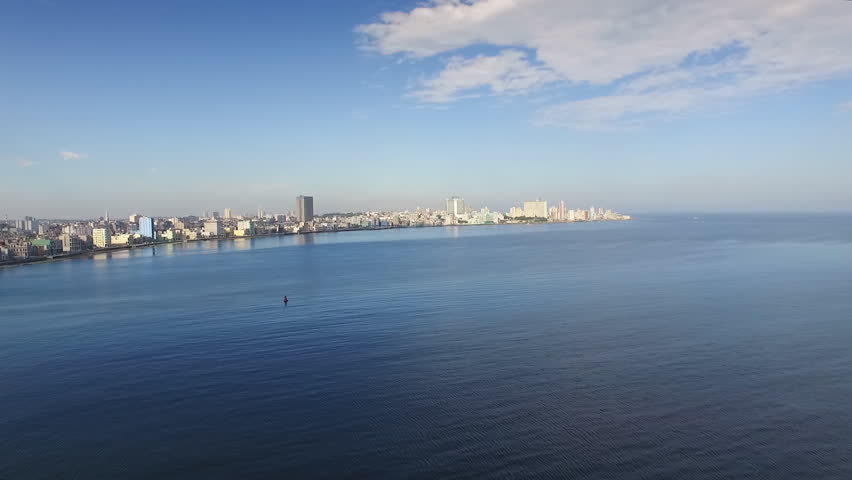 Drone flying over Havana, Cuba: Morro Castle and Malecon promenade. Aerial view of La Habana skyline, Cuban capital city. Urban landscape seen from the sky with old monument, landmark, Caribbean sea