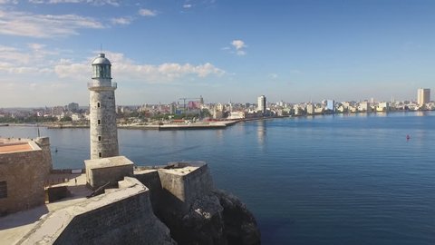 Drone flying over Havana, Cuba: Morro Castle and Malecon promenade. Aerial view of La Habana skyline, Cuban capital city. Urban landscape seen from the sky with old monument, landmark, Caribbean sea
