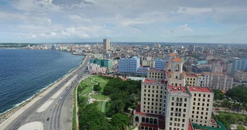 Drone flying over Havana, Cuba: Hotel Nacional and Malecon promenade. Aerial view of La Habana, Cuban capital city. Urban landscape seen from the sky with old buildings, homes, houses, Caribbean sea