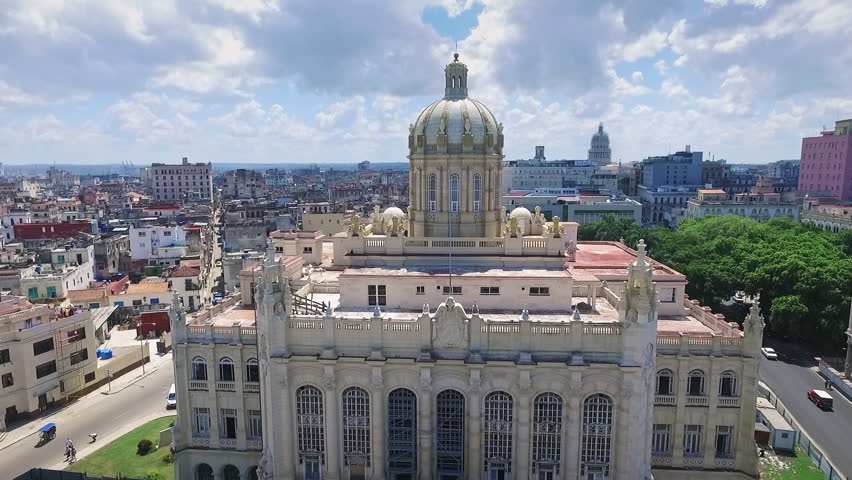 Drone flying over Old Havana, Cuba: Museum of the Revolution in Habana Vieja district. Aerial view of La Habana, Cuban capital city. Urban landscape from the sky with building, landmark, monument Royalty-Free Stock Footage #27468211