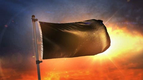 Black Flag Backlit At Beautiful Sunrise Loop Slow Motion 3D Rendering 4K