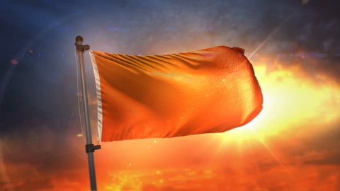 Orange Flag Backlit At Beautiful Sunrise Loop Slow Motion 3D Rendering 4K