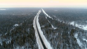 Intercity highway among woodland at sunset in winter