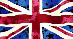 English grunge flag. Union Jack. English flag background. Stylized flag  with grunge texture background. Animated waving English flag abstract. 4K motion video background. 4096 x 2160