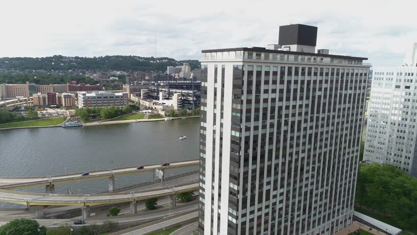 Aerial footage of PNC Park stadium in Pittsburgh, PA Pirates baseball game