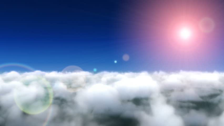 Clouds fly through with red sun lens flare