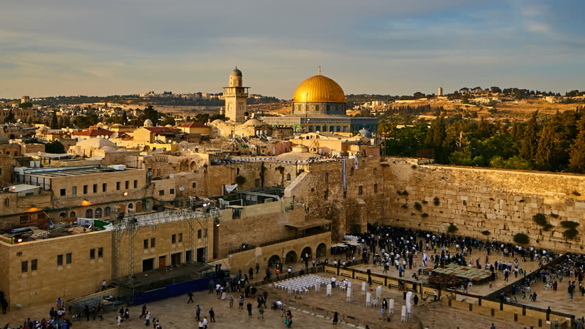  Wailing wall in Jerusalem, sunset, tilt-shift time lapse 2k