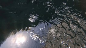 Beautiful blue sea water surface shot from sailing motor boat. Sea landscape view from back side of moving yacht. Slow motion hd video footage shot with action camera.
