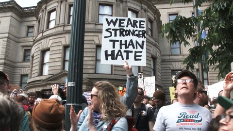 JUNE 4TH, 2017 - PORTLAND, OREGON: People chanting "Black Lives Matter" gather in downtown Portland during a peaceful protest.