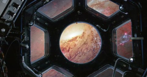 Galaxies View From Space Station Windows Floating Through Space, 4K some elements furnished by NASA images Video de stock