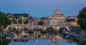 Rome skyline st. Peter basilica in Vatican city as seen from Tiber river in day to night time lapse video.