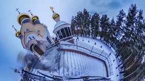 Orthodox Church of Holy Elijah. Tiny Little Planet 360 Degree, Spherical Video, Panorama Video 360 Degree, Time Lapse. Planet For Tourism, Cultures Exploration. Religious Building of Slavutich in
