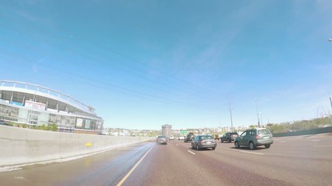 Denver, Colorado, USA-April 30, 2017.  POV point of view -Driving North on interstate highway I25 after snow storm in the Spring.