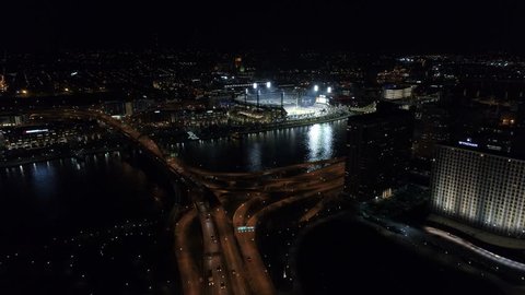 Pittsburgh Aerial Traffic Bridges Tilt PNC Park Reveal Night 4K
