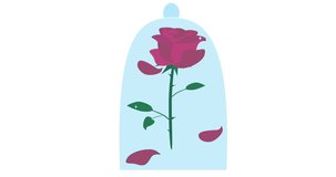 Enchanted red rose petals falling under a glass dome on white background. Fairy rose from The Beauty and the Beast story. 2D cartoon animation in 4K.