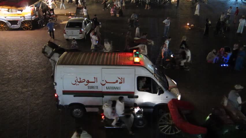 MARRAKECH, MOROCCO - CIRCA 2012: Ambulance with arab inscription in Jemaa