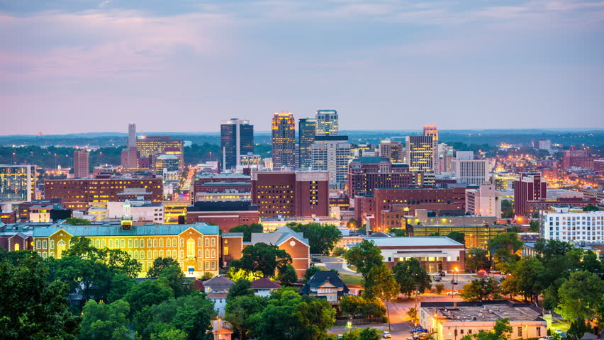 Birmingham, Alabama, USA downtown skyline time lapse.