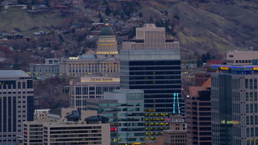 Salt Lake City, Utah circa-2017, Aerial shot of Utah State Capitol Building with Salt Lake City buildings in foreground