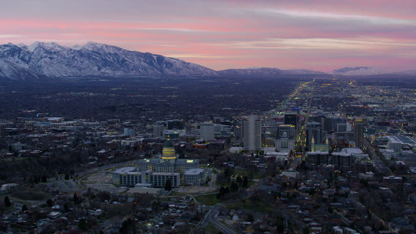 Salt Lake City, Utah circa-2017, Aerial shot of Utah State Capitol Building and city of Salt Lake City at sunrise