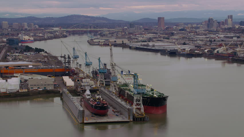 Aerial view of industrial shipping area in north Portland, Oregon on Willamette River