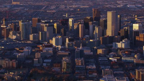 Denver, Colorado circa-2017, Aerial view of Denver, Colorado at sunset