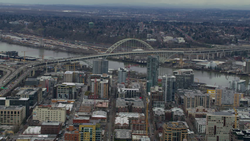 Aerial view of downtown Portland, Oregon and Fremont Bridge