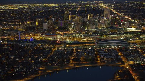 Denver, Colorado circa-2017, Aerial view of Denver at night