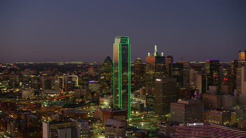 Dallas, Texas circa-2017, Aerial view of Dallas and Reunion Tower at dusk