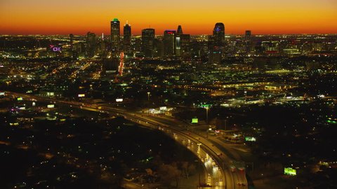 Dallas, Texas circa-2017, Aerial view of sunset over Dallas, Texas