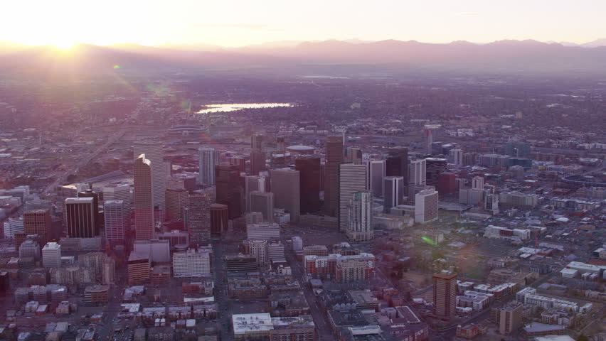 Denver, Colorado circa-2017, Aerial view of Denver at sunset