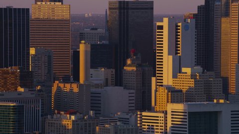 Dallas, Texas circa-2017, Aerial view of city at sunset