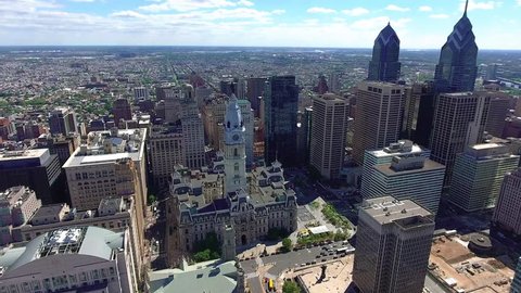 Philadelphia, Pennsylvania’s largest city, is notable for its rich history, on display at the Liberty Bell, Independence Hall / Aerial / Drone shot / 05.05.2017