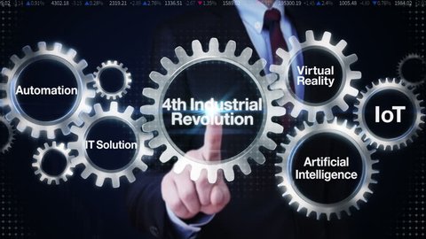 Businessman touch Gear with keyword,Automation, IT Solution,Virtual reality, Artificial Intelligence, Internet of things, '4th Industrial Revolution' 