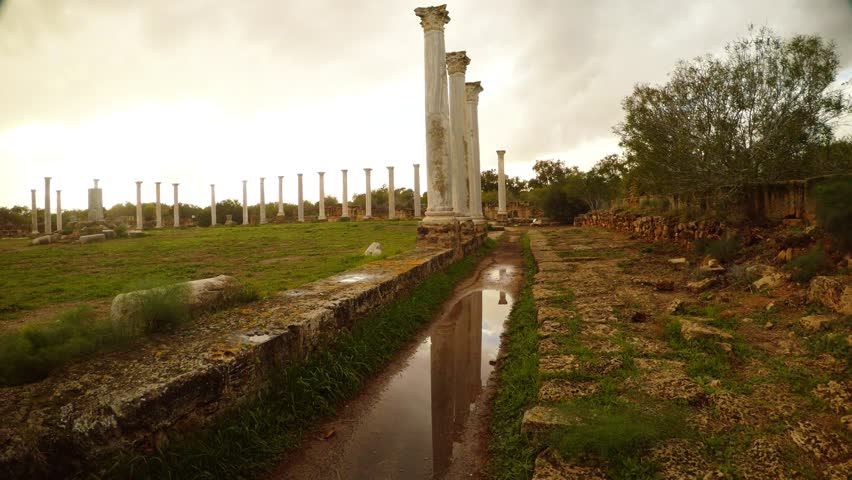 Salamis is an Ancient Greek City-State on the East Coast of Cyprus, at the Mouth of the River Pedieos, North of Modern Famagusta. Antique Ruins Near Mediterranean Sea. There Are Baths, Public