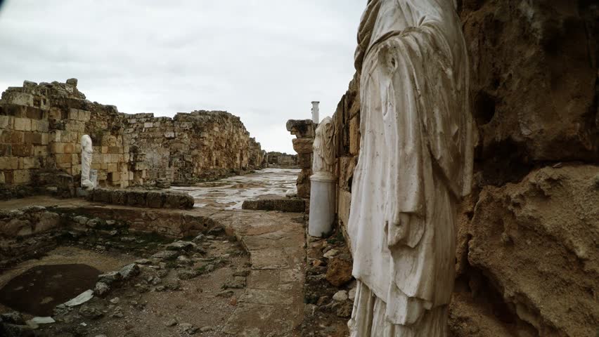 Salamis is an Ancient Greek City-State on the East Coast of Cyprus, at the Mouth of the River Pedieos, North of Modern Famagusta. Antique Ruins Near Mediterranean Sea. There Are Baths, Public