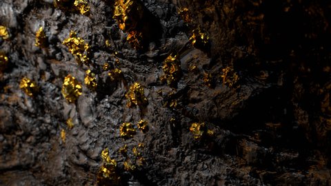 Camera slide on a mine wall with goldnuggets.
