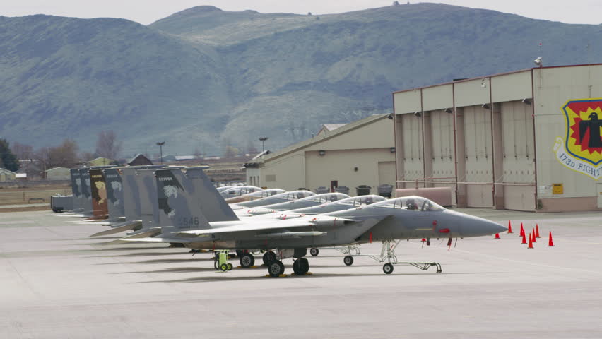Circa: 2017 Aerial view of F-15 fighter jets at Crater Lake-Klamath Regional Airport
