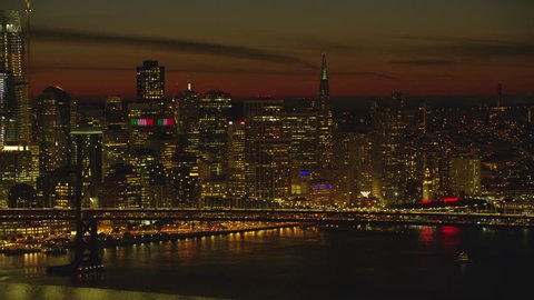 San Francisco, California circa-2017, Aerial view of Bay bridge and city at dusk