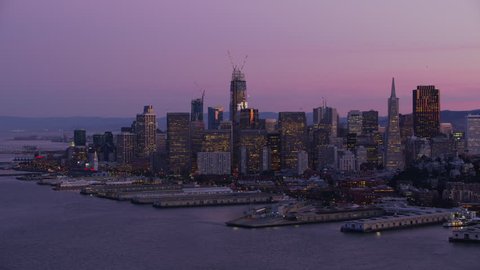 San Francisco, California circa-2017, Aerial view of bay and city buildings at sunset